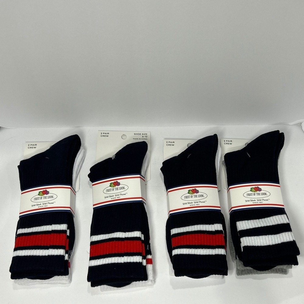 Fruit of the Loom 8 Pair Crew Socks Varsity Stripe Navy Red White Shoe Size 6-12